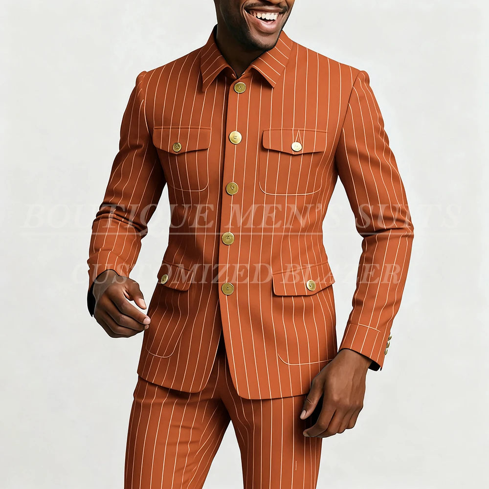 Elegant men's pinstripe suit by Showlu Fashion with single-breasted jacket and slim-fit pants, stand lapel, tailored for a sharp look.
