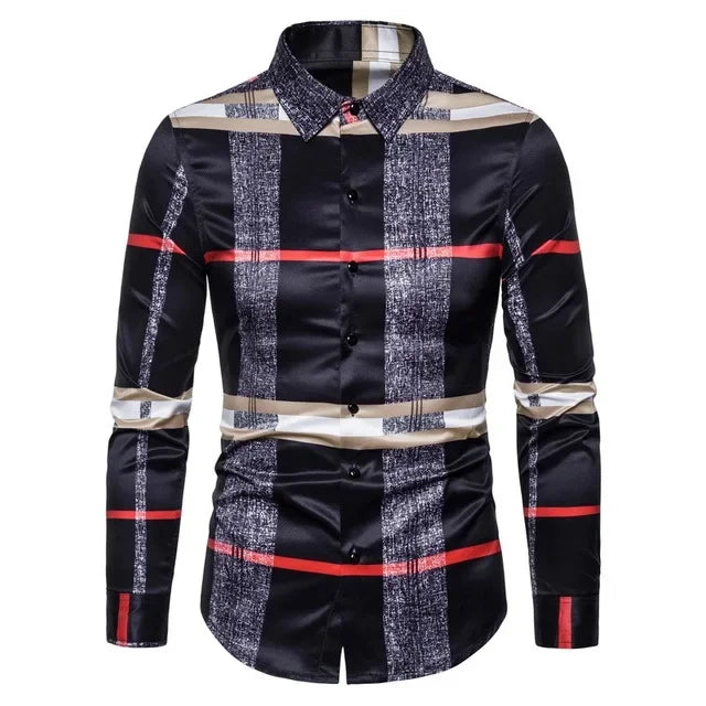 Showlu Men's retro plaid long sleeve shirt with casual floral pattern, ideal for stylish everyday wear.