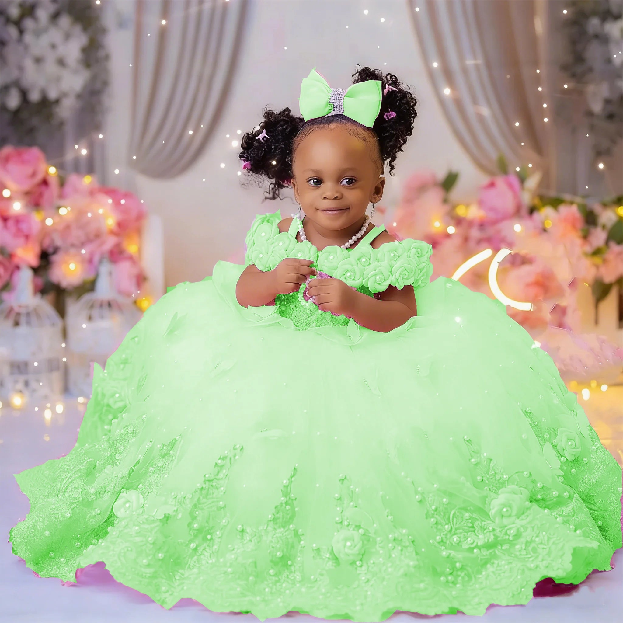 Pink Flower Girl Dresses Luxury Big Pearls Lace Ball Gown First Communion Dress Birthday Photos Shoot Gowns for Party