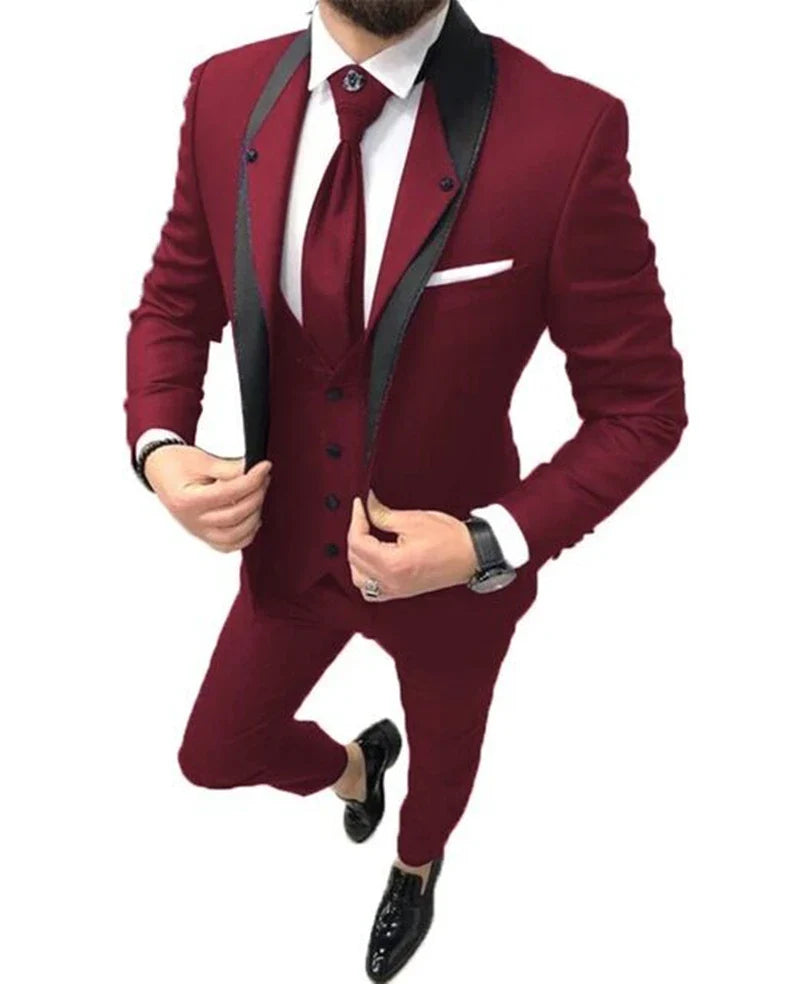 Men's 3-piece slim fit wool blend suit with jacket, vest, and trousers in black, ideal for business or wedding attire.