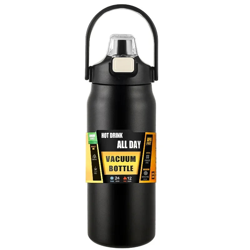 Stainless steel outdoor thermos tumbler with straw, showing the vacuum-insulated sports water bottle for hot and cold drinks.