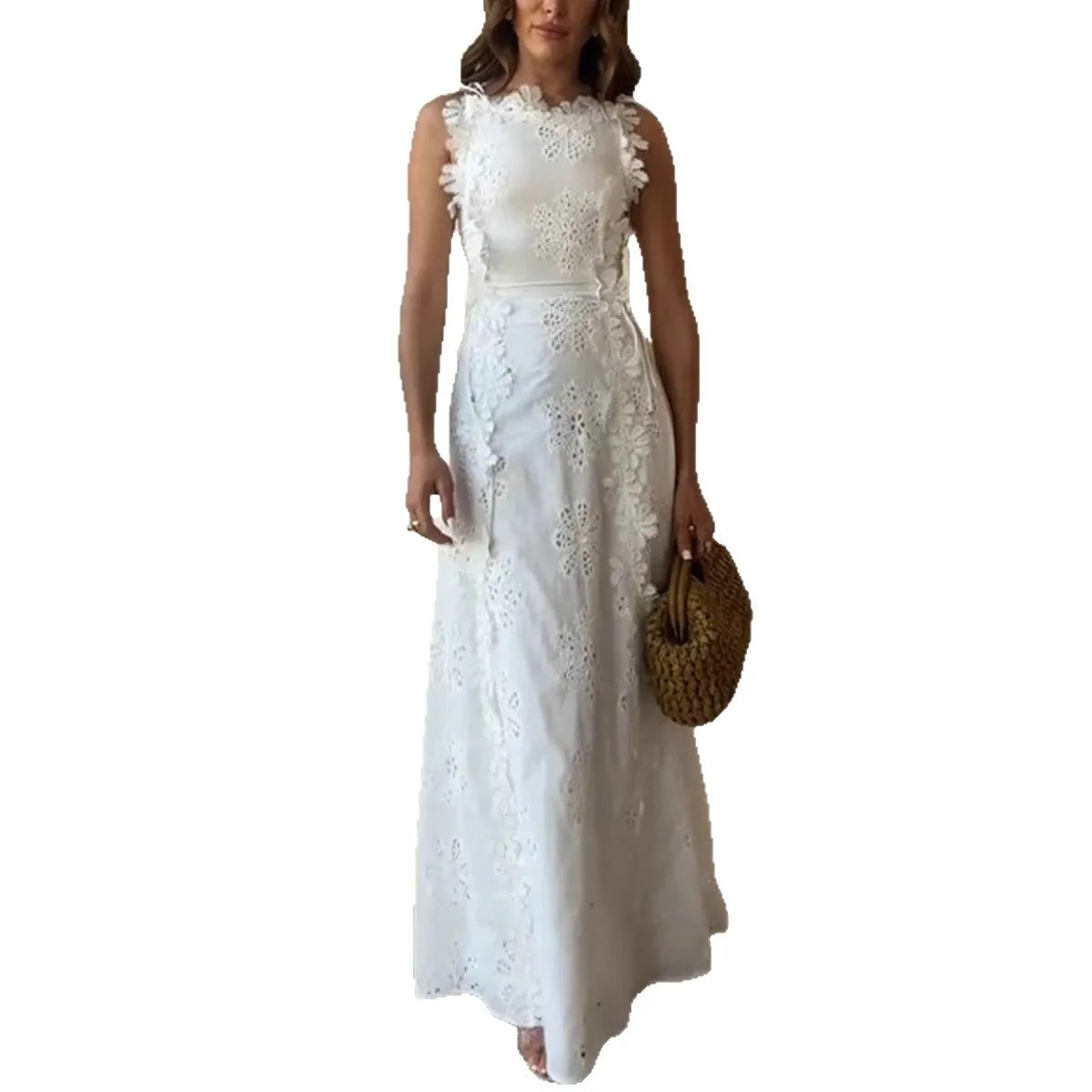 2025 Summer New Fashion Lace Embroidery Women Strap Resort Slimming Long Dress Simple Solid Color Female Banquet Dresses
