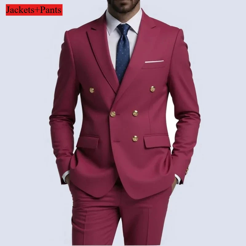Black men's double-breasted slim fit suit with gold buttons, ideal for weddings, parties, or prom, high-quality Showlu Fashion.
