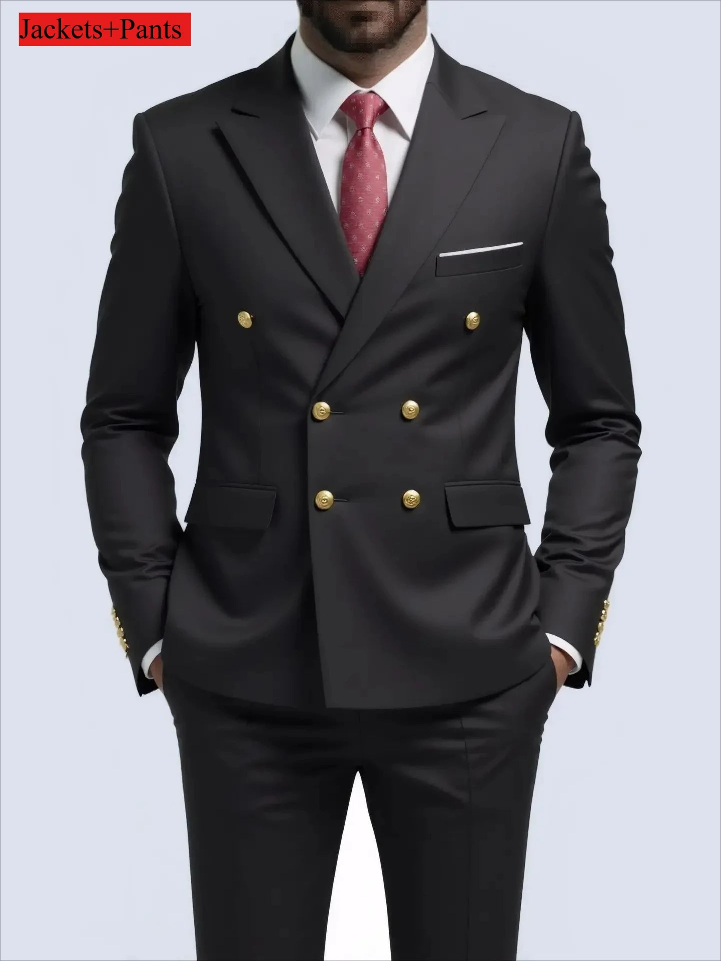 Black men's double-breasted slim fit suit with gold buttons, ideal for weddings, parties, and prom, showcasing high-quality craftsmanship.
