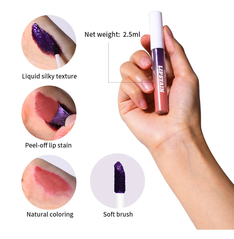 Showlu Smart General waterproof peel-off lip stain and lip tint applied on lips, showcasing vibrant color and glossy finish.