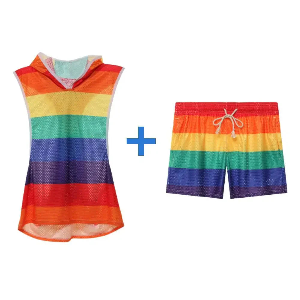 SHOWLU Men's rainbow striped hooded tank top and shorts mesh fitness set, casual athletic wear with vibrant colorful design.