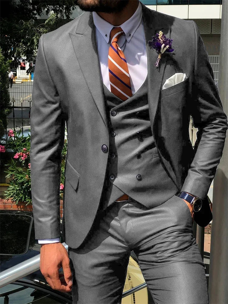 Dark blue SHOWLU men's 3-piece slim fit suit with cotton fabric, suitable for weddings and formal occasions.