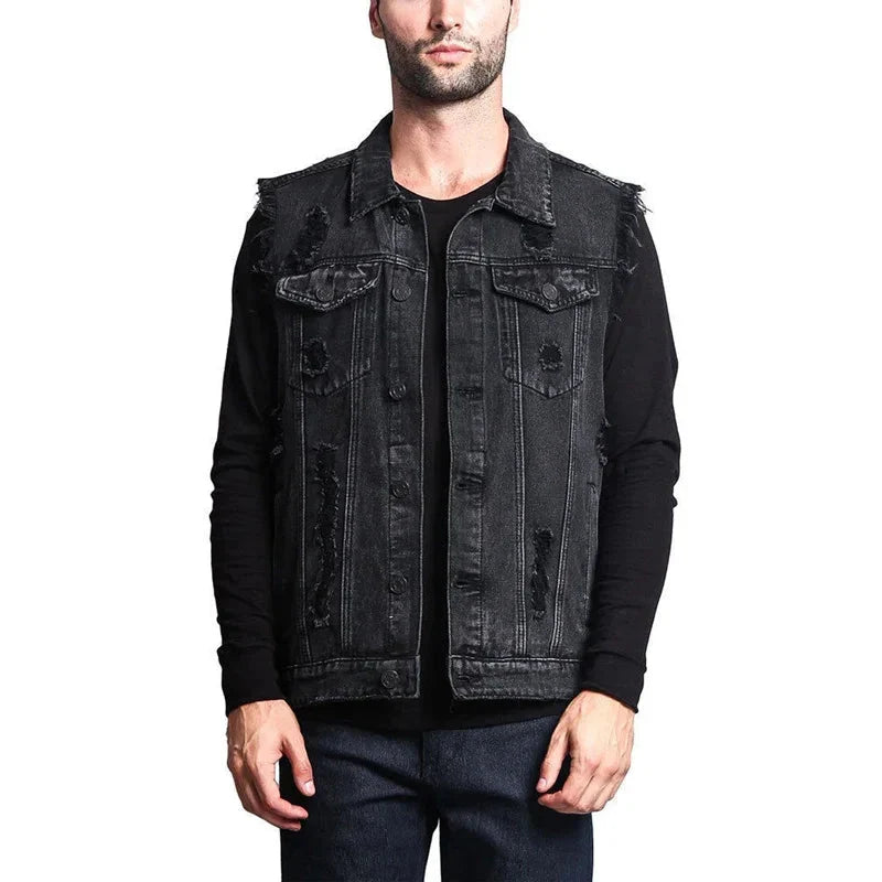 Soniaox men's denim vest with western cowboy style, raw cut edge waistcoat, showcasing rugged denim fabric and classic western design.