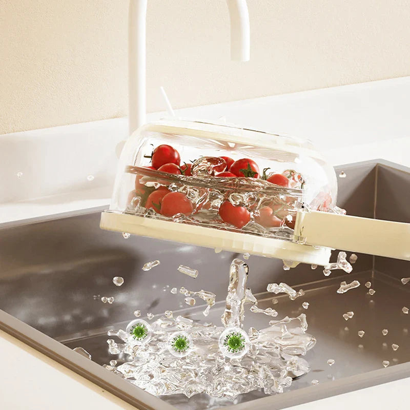 Showlu 2-in-1 fruit and vegetable washing basket with lid drainer, made of durable plastic, for cleaning and draining produce.