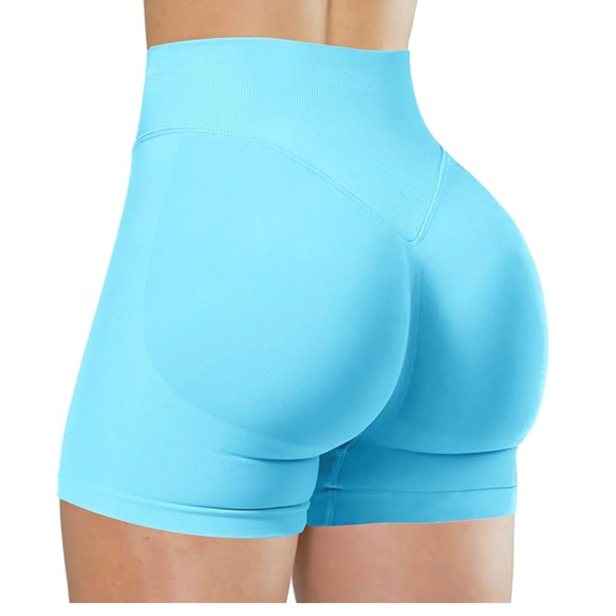High-waisted women's yoga shorts made of nylon and spandex, shown in black with a fitted, stretchy design for active wear.