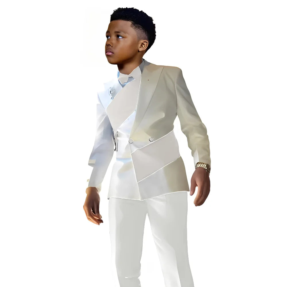 Showlu Smart General satin boys' wedding tuxedo suit with white blazer and pants, tailored for kids aged 2-16, slim fit style.