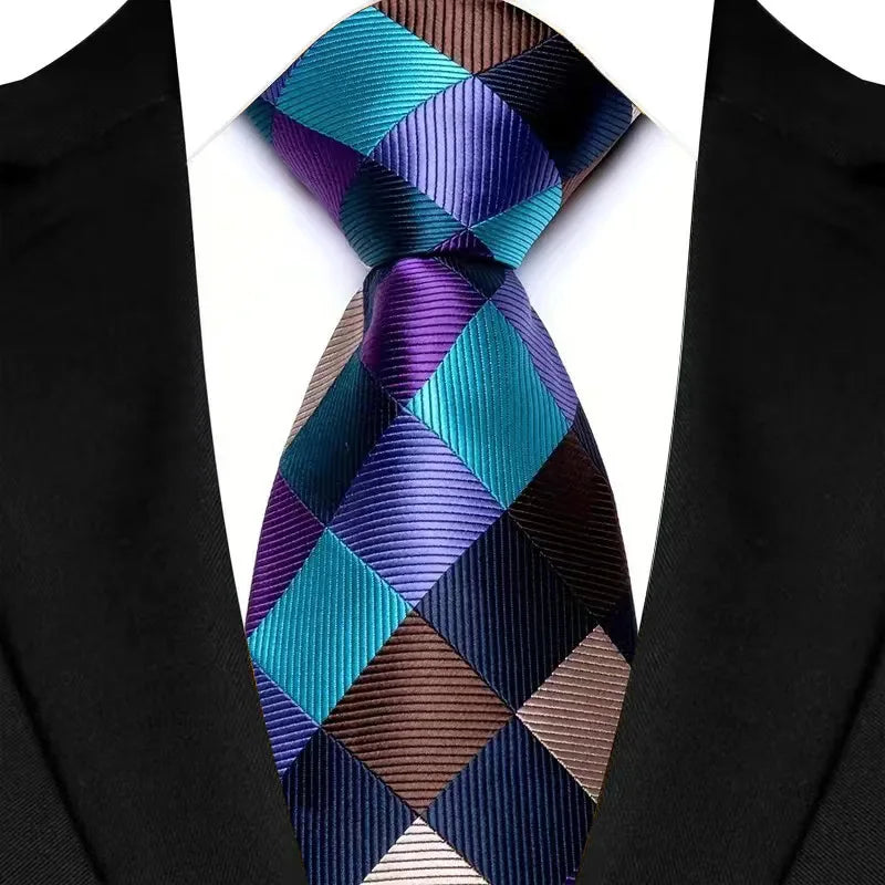 Purple floral plaid men's necktie with striped jacquard weave, suitable for business, wedding, and formal occasions.