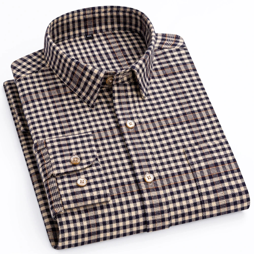 Men's plaid flannel long sleeve shirt by Showlu Fashion, heavy cotton, soft brushed fabric, casual fit, striped design.