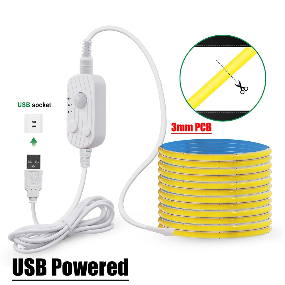 Showlu Smart General motion sensor LED strip light, 5V USB powered, with flexible design and built-in motion detection for ambient lighting.