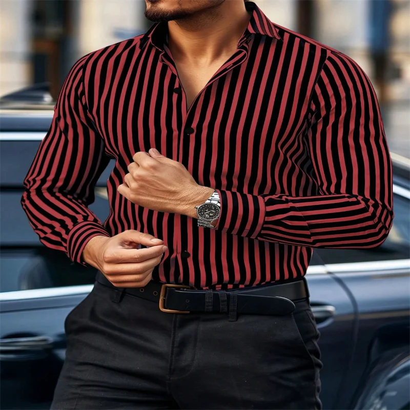 Men's striped long-sleeved casual business shirt in plus size 6XL by Showlu Fashion, featuring high-quality European craftsmanship.
