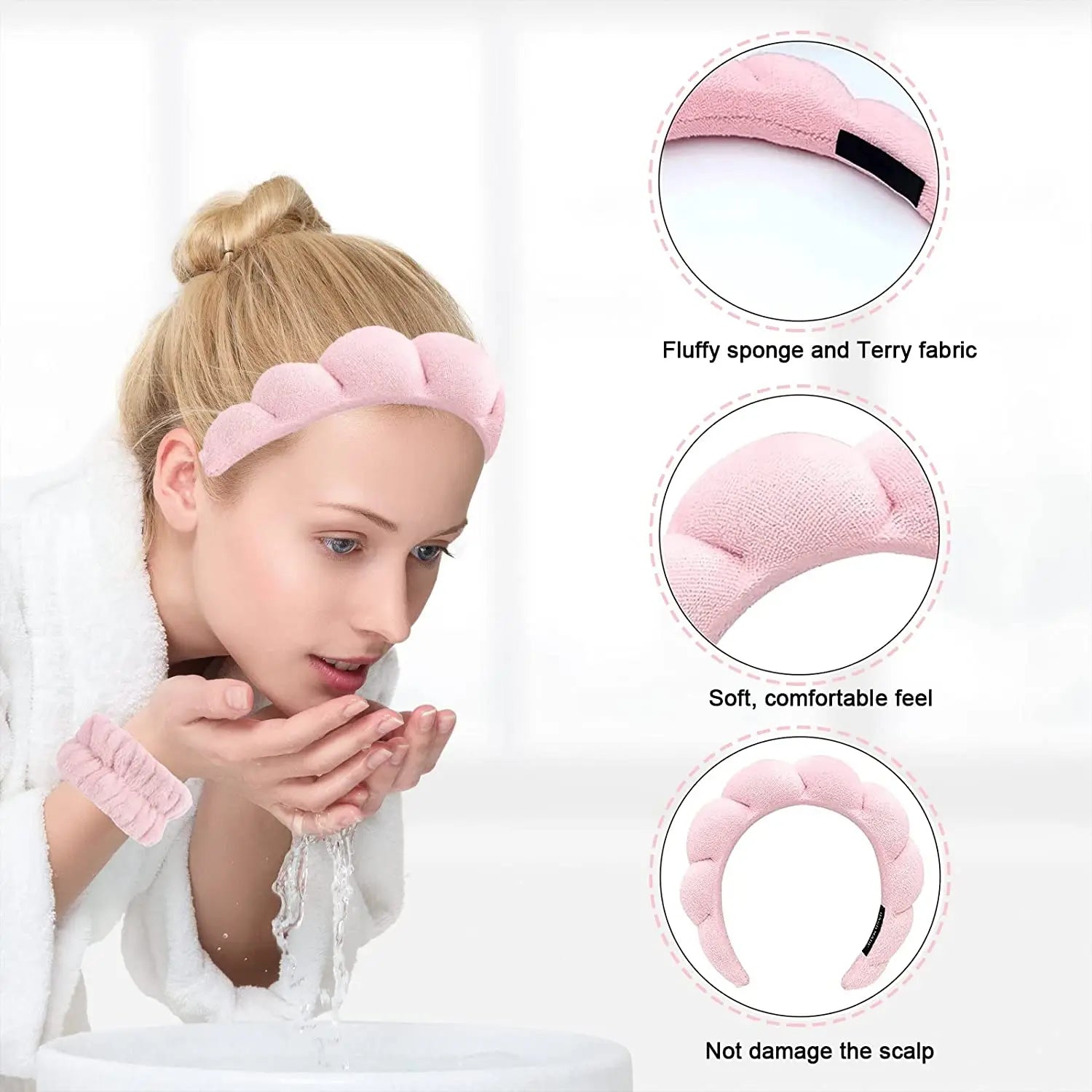 Set of three microfiber washing wristbands and puffy spa headbands for face washing, makeup, and skincare from Showlu Fashion.