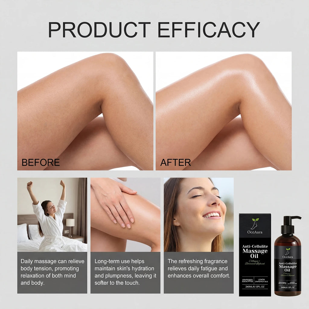 OceAura Collagen Firming Body Oil by Showlu Fashion Store with a sleek bottle and massage oil pouring over smooth skin