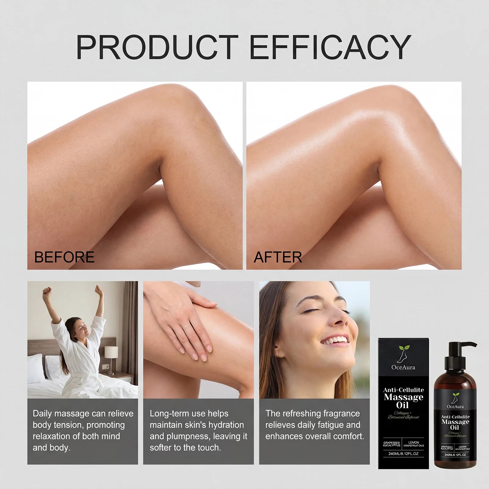 OceAura Collagen Firming Body Oil by Showlu Fashion Store with a sleek bottle and massage oil pouring over smooth skin