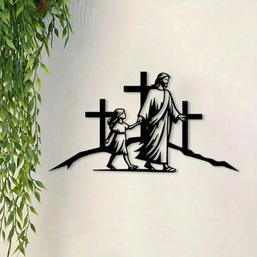 Rustproof metal Jesus on cross wall art, Christian home decor with detailed religious figure, suitable for spiritual or religious spaces.