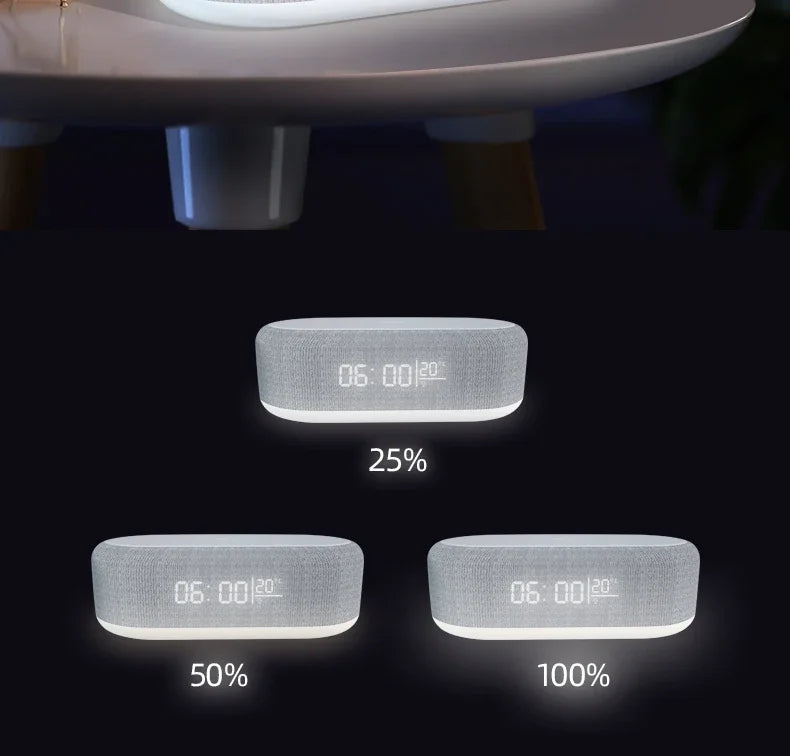 Showlu Smart General 15W wireless charging alarm clock with LED night light, digital display and sleek modern design.