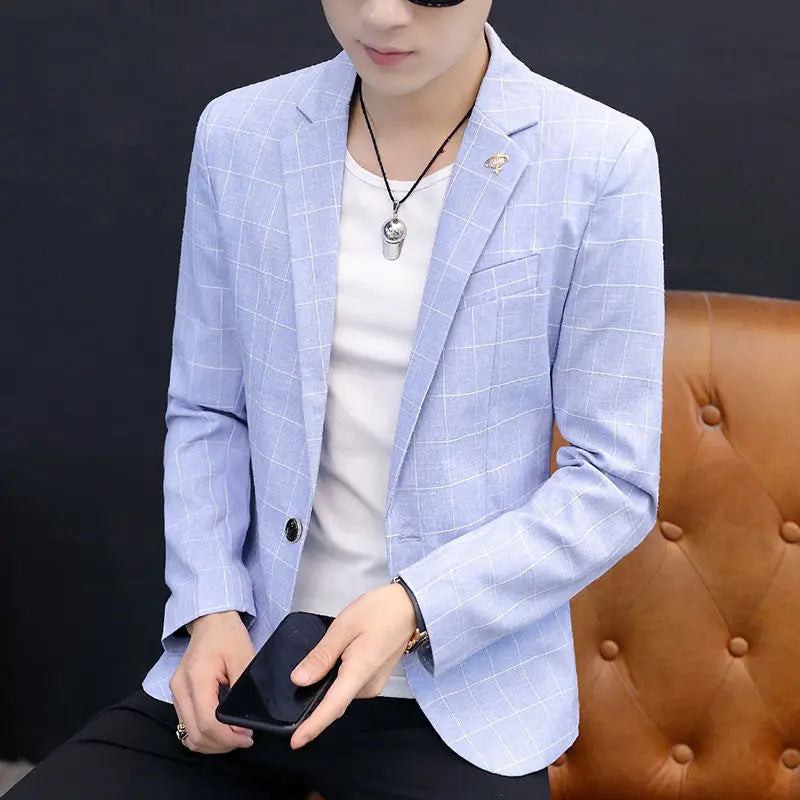 Men's slim fit striped plaid blazer by SHOWLU FASHION STORE, casual Korean style jacket with classic pattern and tailored fit.