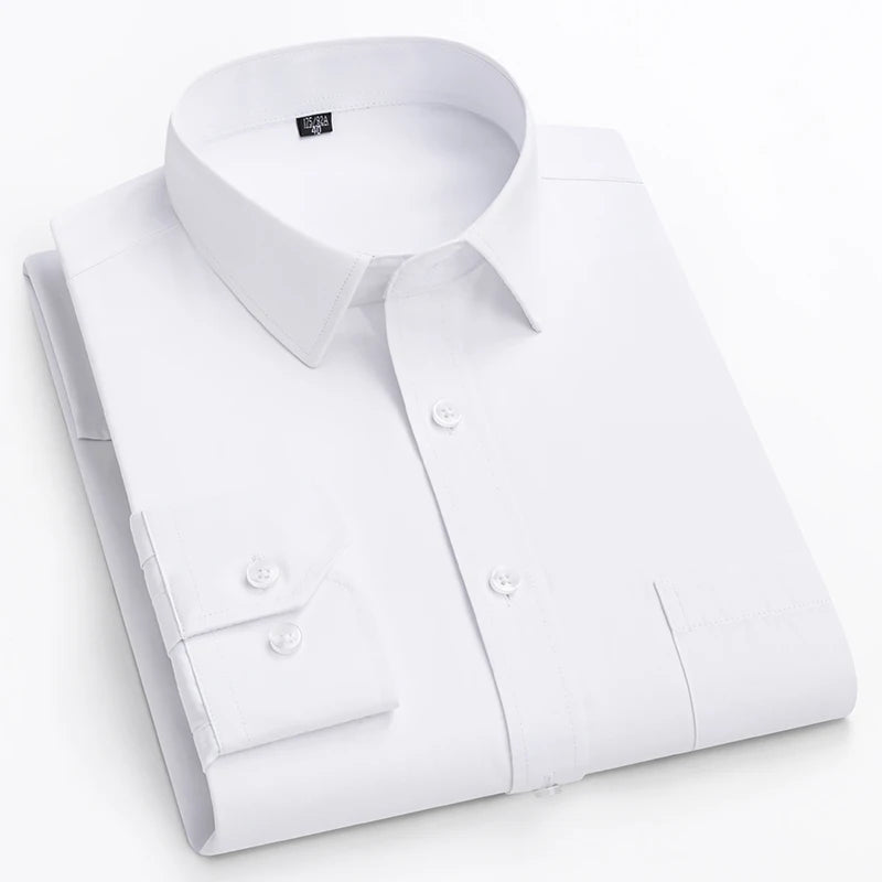Plus size men's slim fit formal plain shirt with double collar, long sleeves, solid color, suitable for office or business wear.