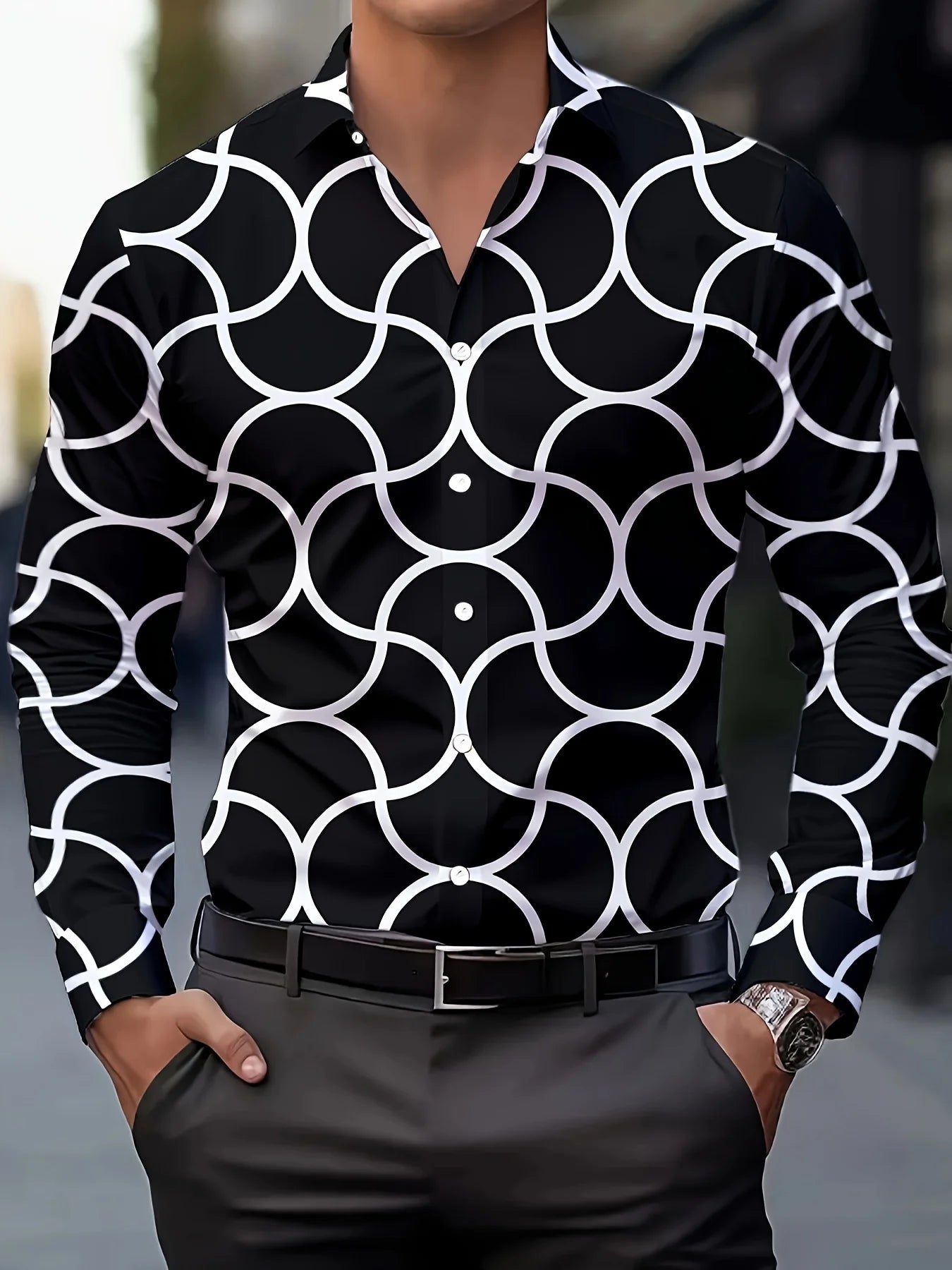 Men's stylish casual long sleeve shirt with gradient design, breathable fabric, turn-down collar, suitable for business or casual wear.