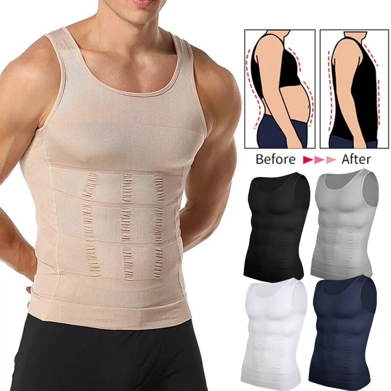 Men's sleeveless compression vest from Showlu Fashion, slimming body shaper shirt with tummy control for gym and workout.