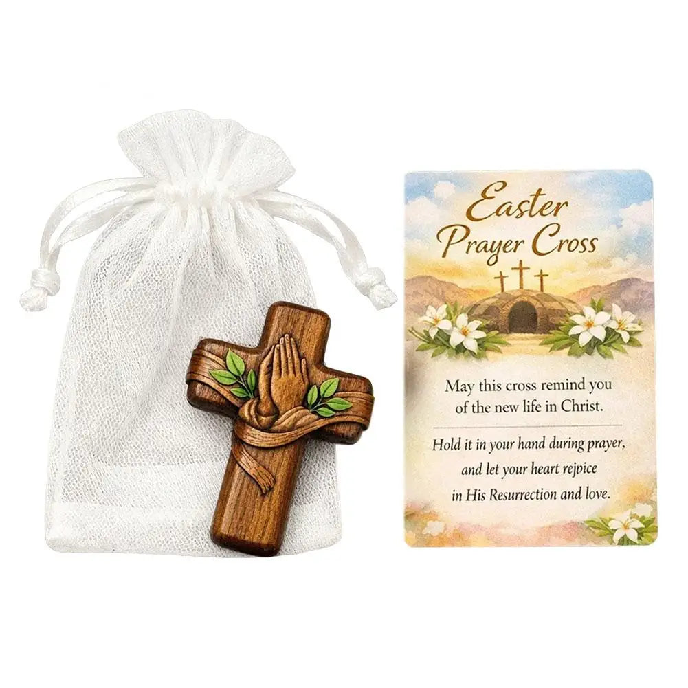 Small wooden pocket prayer cross with card and bag, perfect for Easter or Christmas church favors and spiritual tokens.