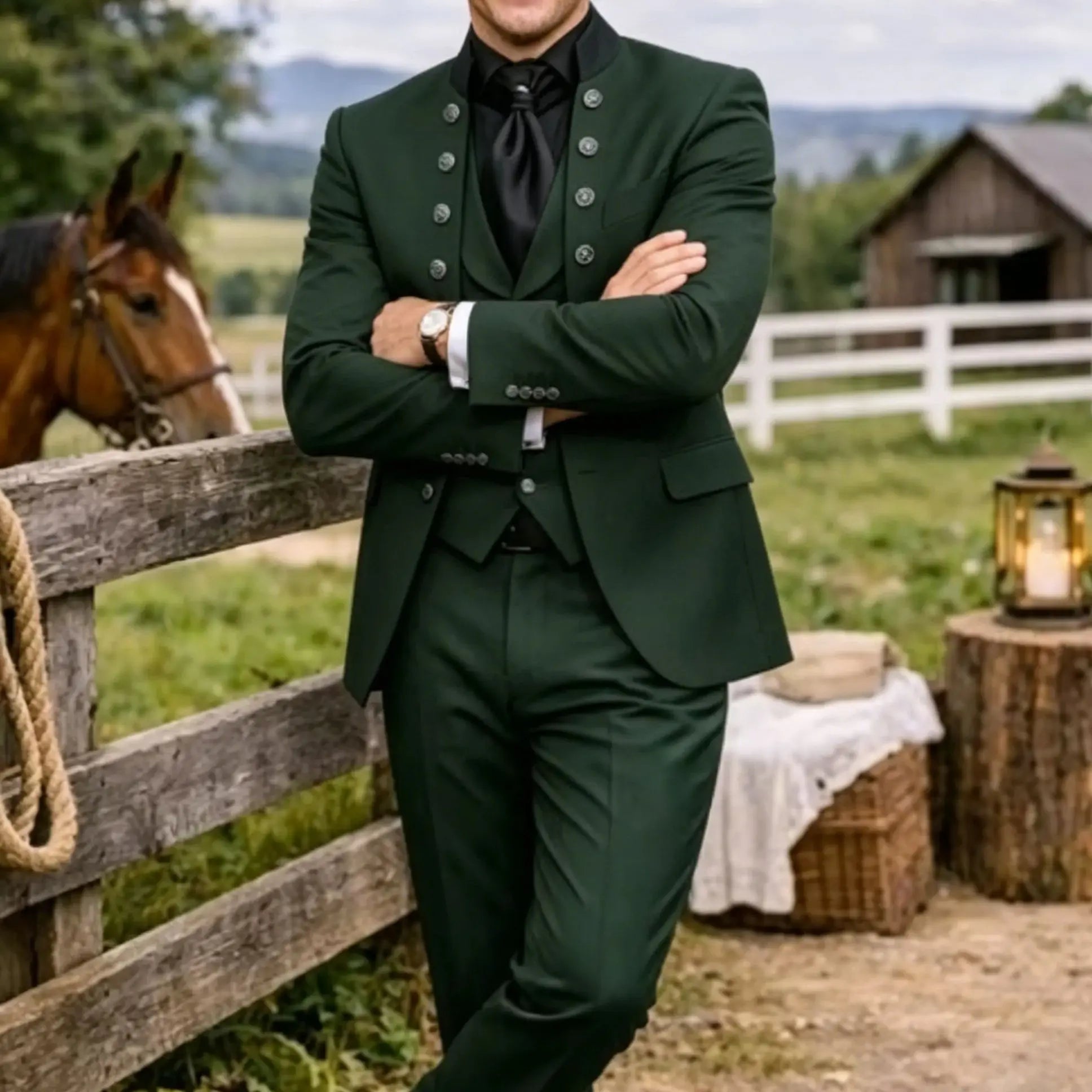 Dark green 3-piece men's suit by Showlu Fashion, slim fit tuxedo set with jacket, vest, and trousers, suitable for weddings and formal occasions.