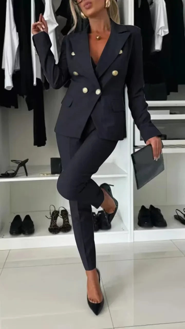 Women Office Smart Clothes Set 2pcs Blazer Double Breasted Button Solid Color Jacket & High Waist Slim Pencil Pants SHOWLU FASHION STORE