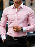 Men's striped long-sleeved business casual shirt with lapel and contrasting color splicing, stylish men's casual top by Showlu Fashion.