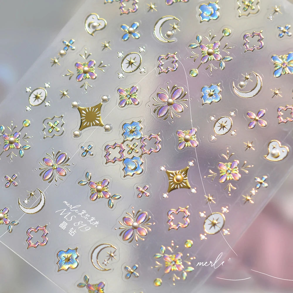 Elegant gold scepter 5D nail art stickers with gemstone patterns, self-adhesive manicure decals for luxurious nail designs.
