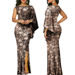 Women Dress Elegant Flower Party Dress Off the Shoulder Short Sleeve Slit Maxi Long Dresses for Woman