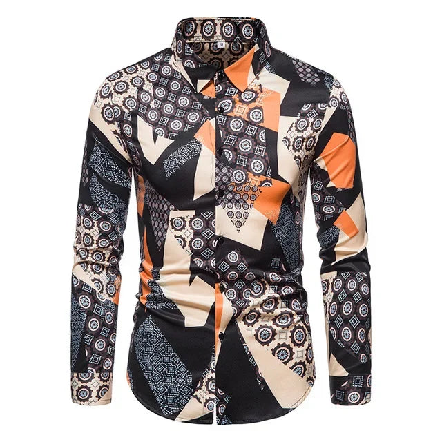 Men's retro plaid long sleeve shirt by Showlu Fashion with floral pattern, casual dress top, soft fabric and stylish design