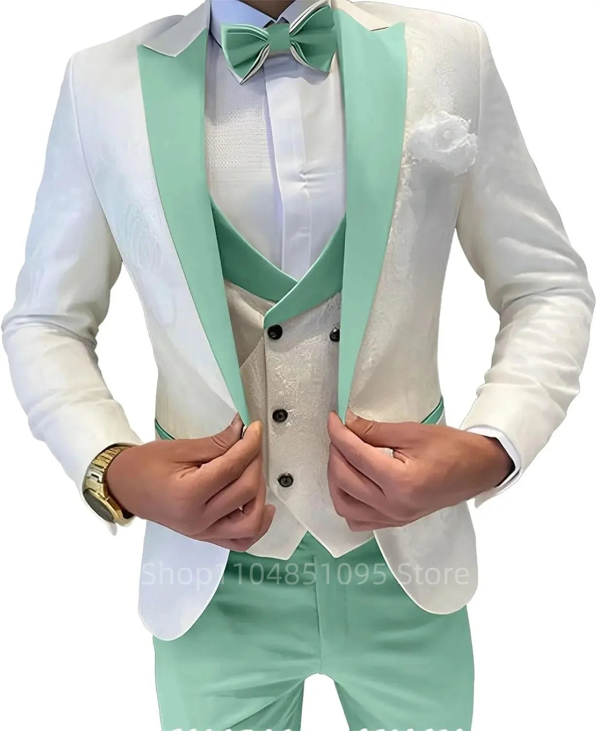 Men's formal fashion suit by Showlu with jacquard pattern, includes blazer, vest, and pants, suitable for weddings and business events.