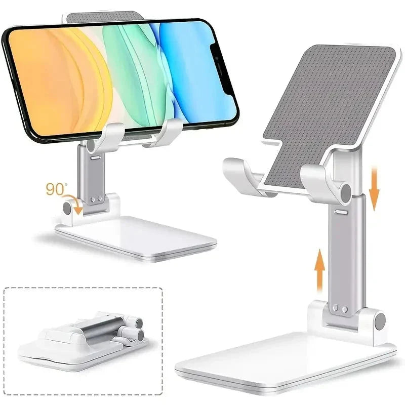 Adjustable SHOWLU FASHION STORE desk phone stand holding iPhone and tablet on a workspace.