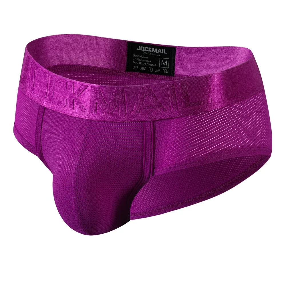 Men's nylon mesh briefs by JOCKMAIL in quick-dry solid color, featuring breathable mesh fabric and comfortable fit.