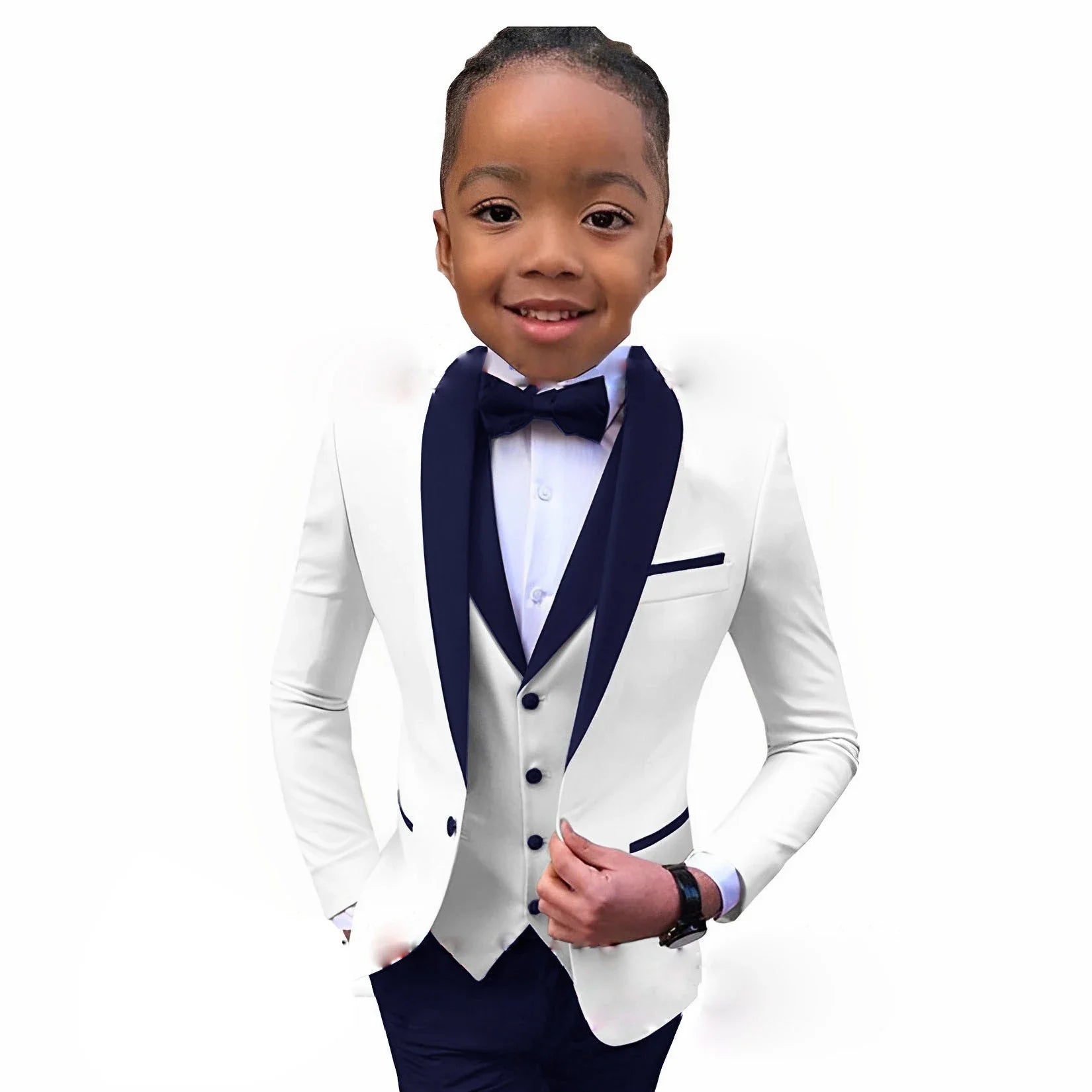 Children's boys' white tuxedo suit with royal blue collar, 3-piece wedding and formal party attire for ages 2-16, by Showlu Fashion.