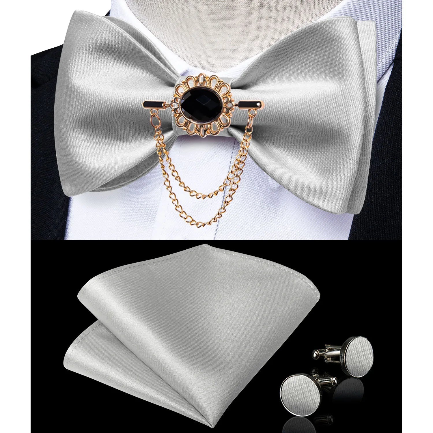 Pink plaid silk self-tie bow tie set with brooch and handkerchief from SHOWLU FASHION STORE, shown with the complete accessory set.