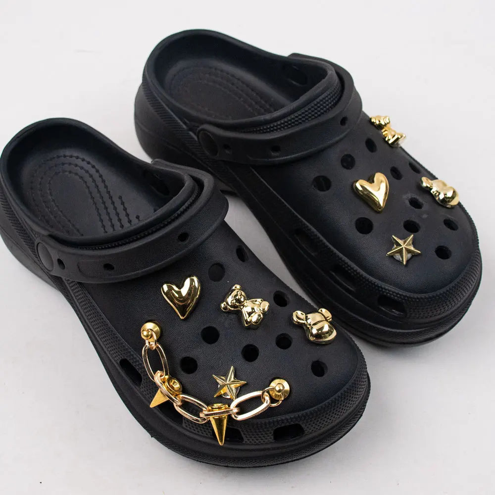 Acrylic shoe charms featuring colorful butterfly, cartoon bear, and decorative buckles for kids' shoes and party accessories.