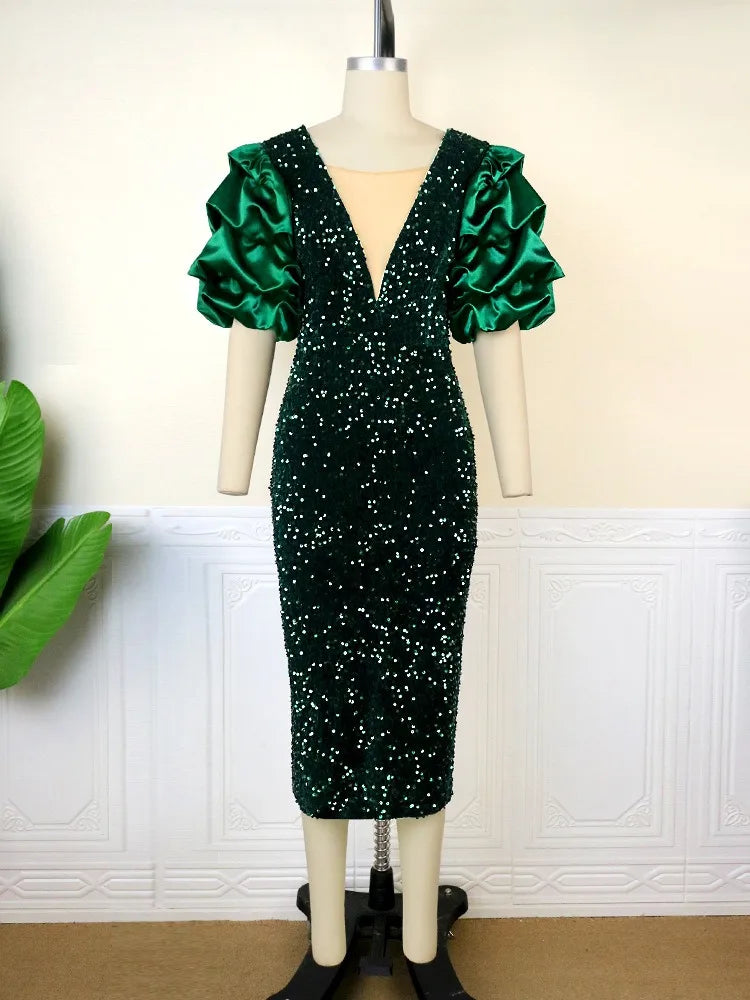 Women's off-shoulder sequin evening gown by Kalenmos, mid-calf length party dress with sparkle detail, stylish and elegant for formal events.