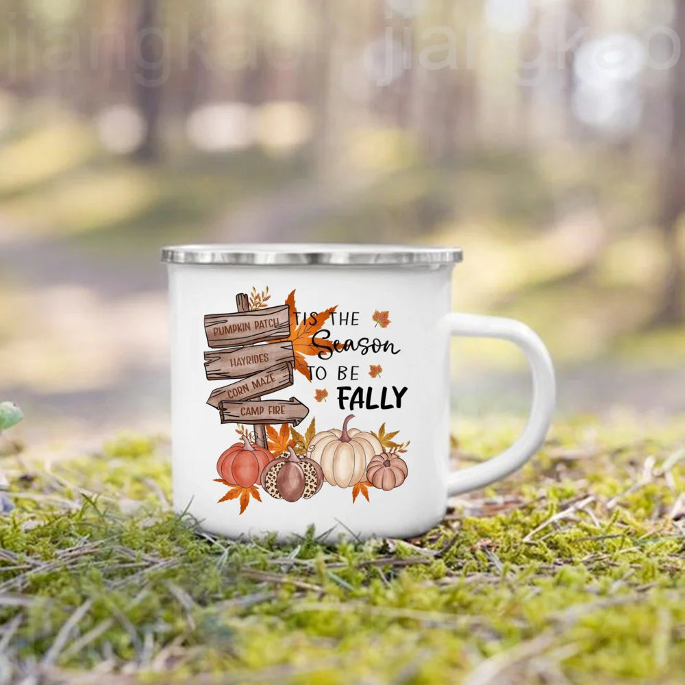 Showlu Pumpkin Spice Jesus Christ enamel mug featuring fall-themed design, perfect for camping and coffee enjoyment.