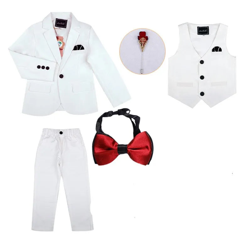 Dark green boys' formal wedding suit and tuxedo set by SHOWLU FASHION STORE, includes jacket, vest, pants, and bow tie.