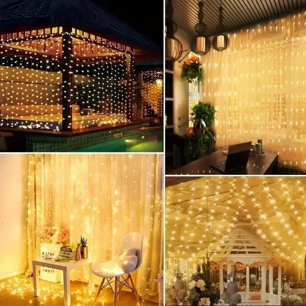 Showlu Smart LED curtain fairy lights hanging with warm glow, perfect for home decor and festive lighting.