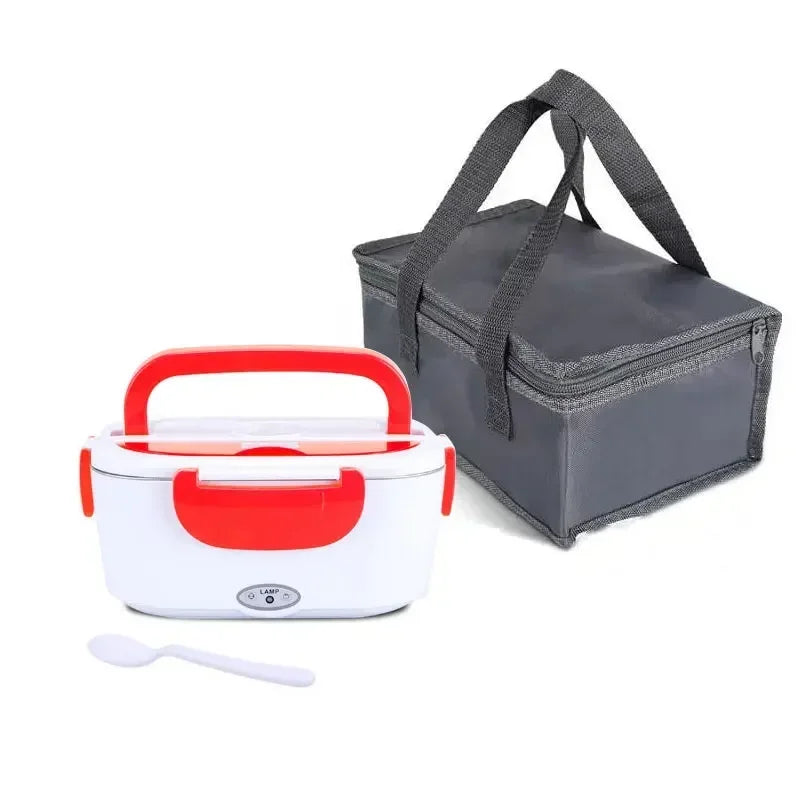 Stainless steel Sokany 2-in-1 electric heating lunch box for car and home, compact bento-style food container with lid.