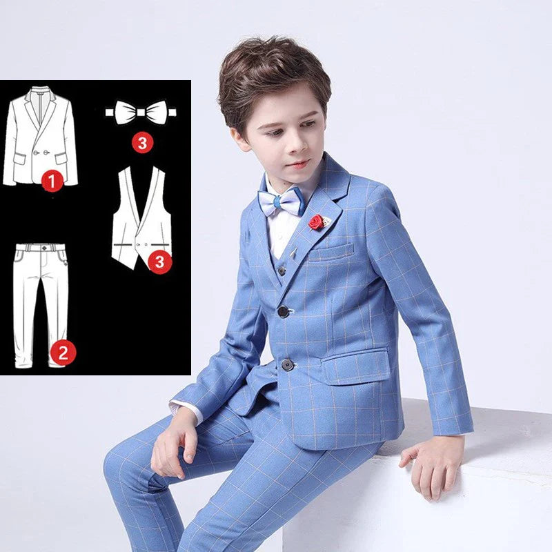 LUOBOBEIBEIC boys 3-piece plaid formal suit with tuxedo jacket, shirt, and trousers for kids' wedding or special occasions.