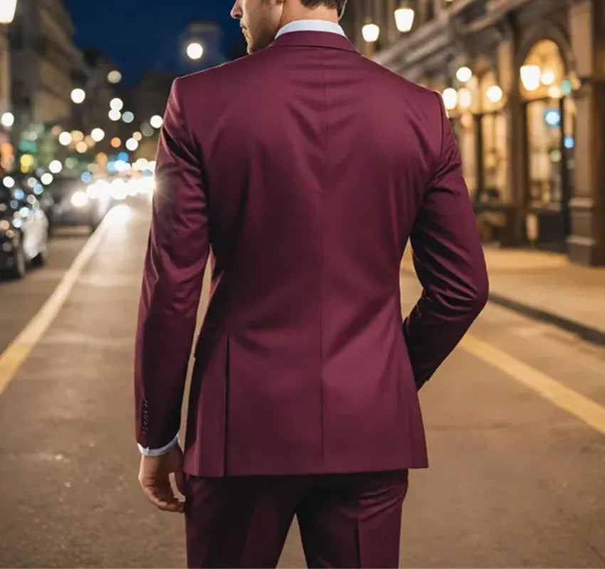 Maroon men's 3-piece slim-fit suit by SHOWLU FASHION STORE, wool blend tuxedo with jacket, vest, and trousers.