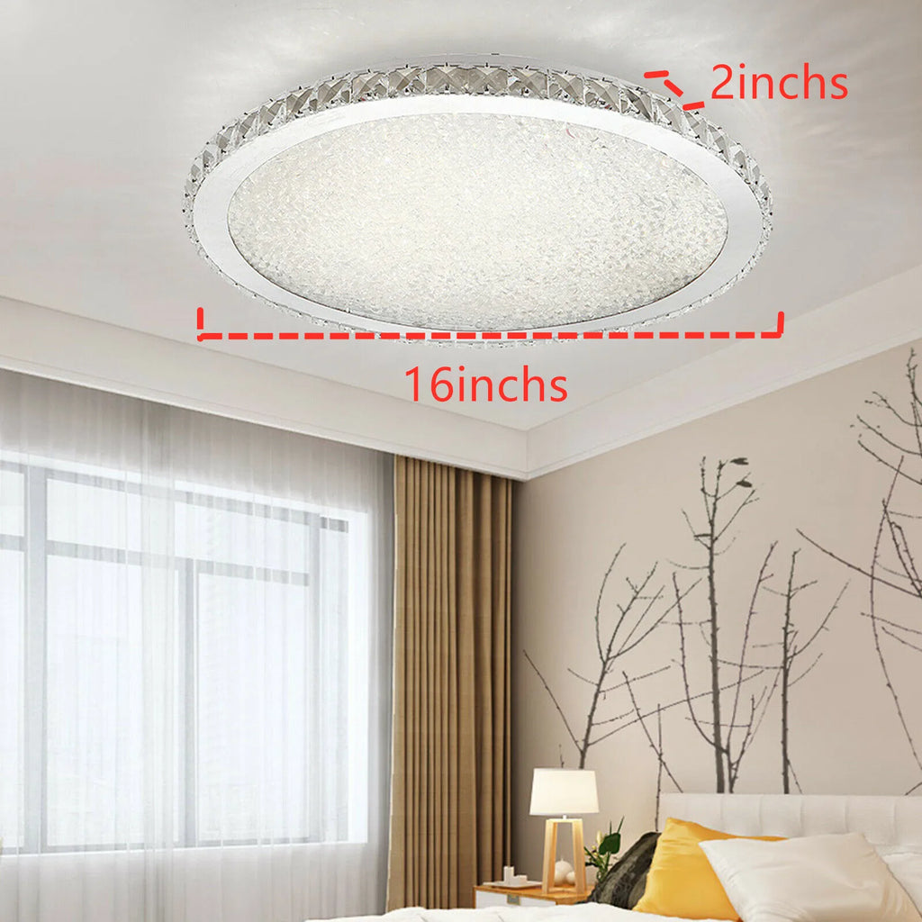 16-inch silver crystal LED ceiling light with raindrop chandelier design, featuring sparkling crystal accents and modern illumination.