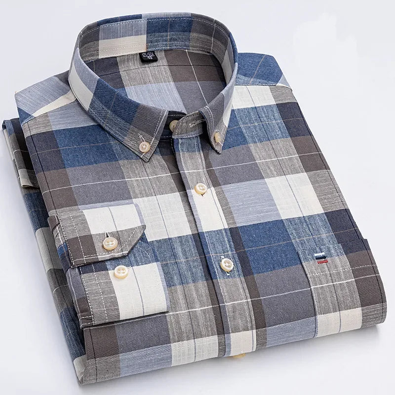 Men's long sleeve plaid cotton casual shirt by Showlu Fashion, regular fit, solid color print, oversized 6XL dress shirt.